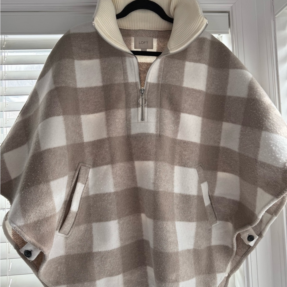 LOFT Cream and Tan Plaid Poncho